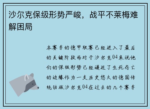 沙尔克保级形势严峻，战平不莱梅难解困局