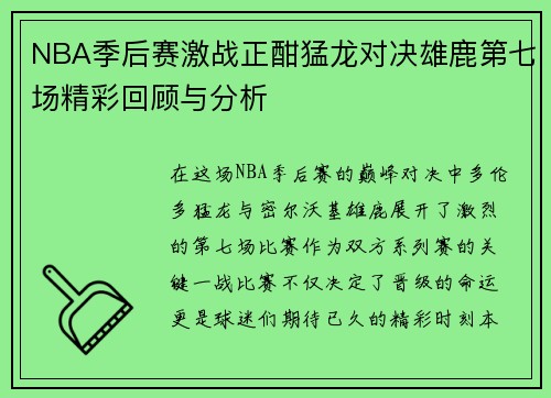 NBA季后赛激战正酣猛龙对决雄鹿第七场精彩回顾与分析
